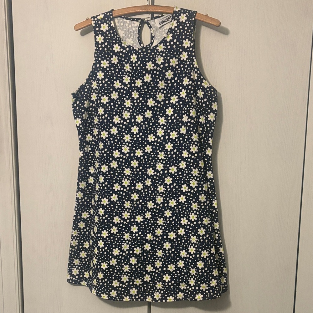 Vintage California Concepts 90s Navy Blue Daisy Print‎ Cotton Mini Dress